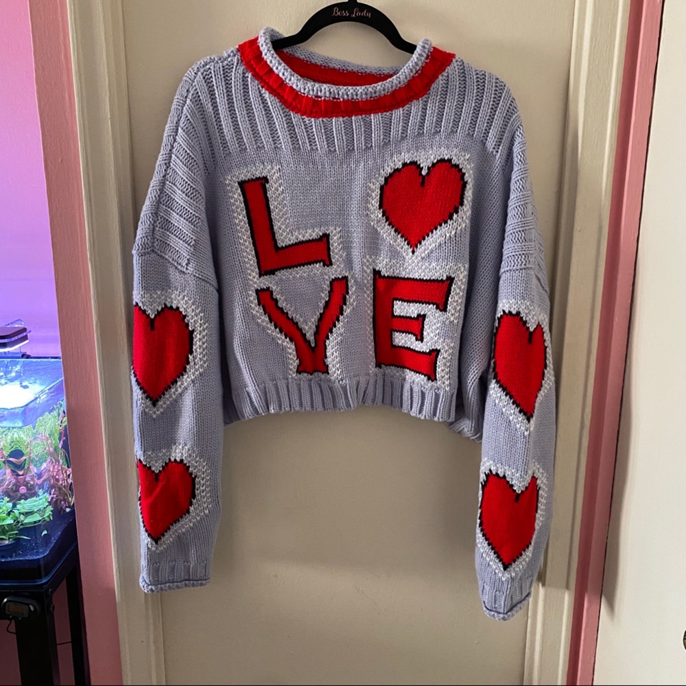 Kawaii Light Blue and Red Heavy Knit Love Heart Oversized Sweater